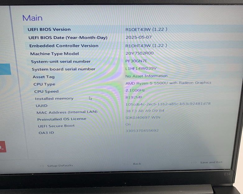 Lenovo ThinkPad E14 Gen 3 14" Ryzen 5 5500U 2.1 Ghz 8 GB Ram No OS/HDD/AC Bezel