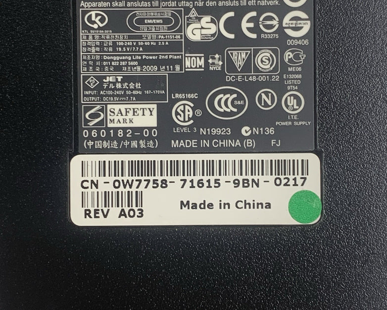 Dell PA-1151-06D2 w7758 150w 240v 19.5v Big Barrel AC Adapter No Power Cord