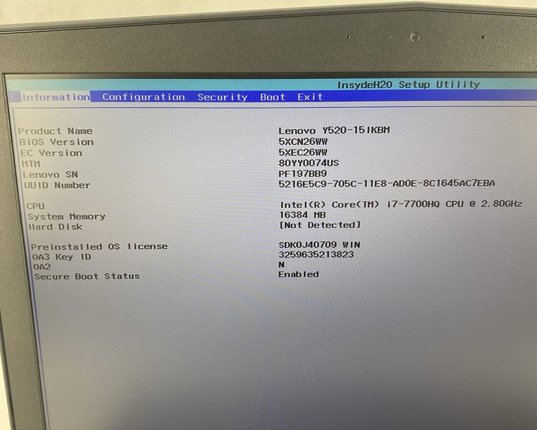 Lenovo Legion Y520-15IKBM 15.6" i7-7700HQ 2.80GHz 16GB RAM RTX 1060 No SSD/OS/AC