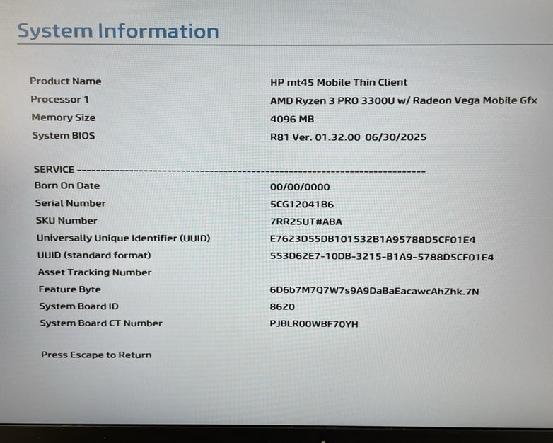 HP mt45 14" AMD Ryzen 3 Pro 3300U 2.10 GHz 4 GB RAM No SSD/OS/AC