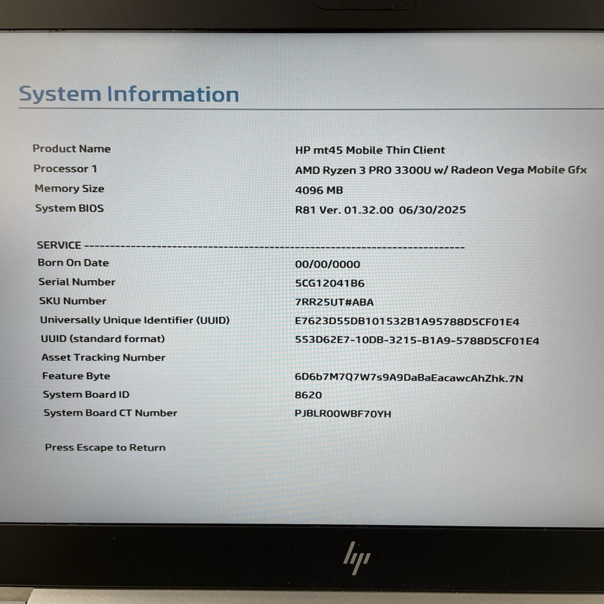 HP mt45 14" AMD Ryzen 3 Pro 3300U 2.10 GHz 4 GB RAM No SSD/OS/AC3