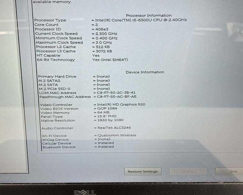 Dell Latitude 5580 15.6" i5-6300U 2.40 GHz 8 GB RAM No SSD No OS No AC