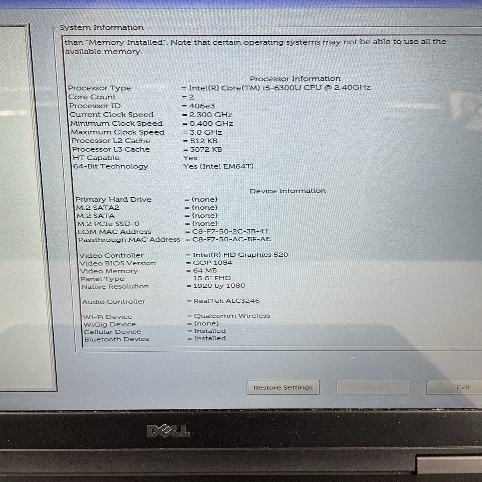 Dell Latitude 5580 15.6" i5-6300U 2.40 GHz 8 GB RAM No SSD No OS No AC3
