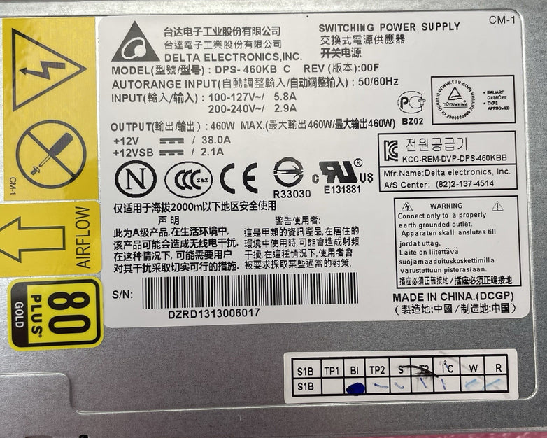 Delta 1U 460W PSU 80 Plus Gold Power Supply
