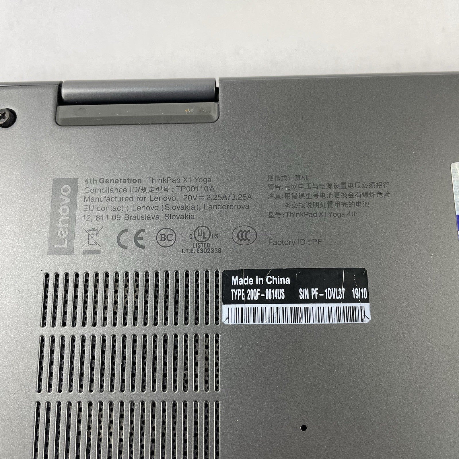 Lenovo ThinkPad X1 Yoga 4Gen 14" i5-8265U 1.60 GHz 16 GB RAM No SSD/OS/AC14