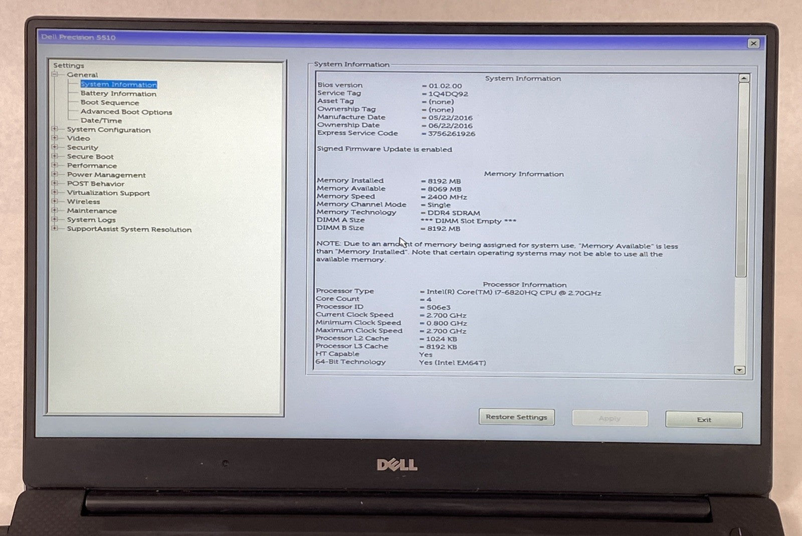 Dell Precision 5510 Core i7-6820HQ 2.7 GHz 8GB RAM 15.6" No Battery No HDD No OS
