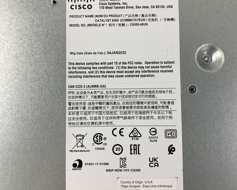 Cisco C9300-48UN-A 48-Port UPoE Network Advantage Switch Tested No Power Supply