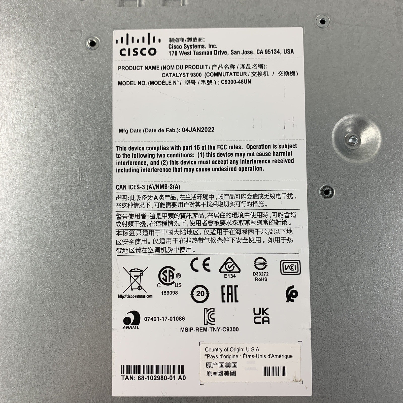 Cisco C9300-48UN-A 48-Port UPoE Network Advantage Switch Tested No Power Supply