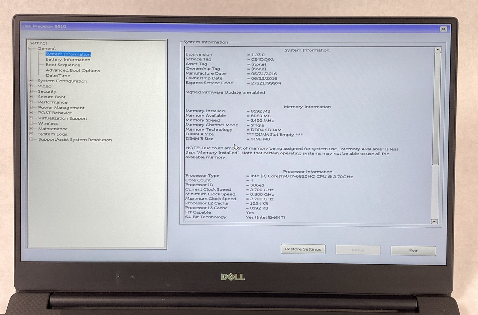 Dell Precision 5510 Core i7-6820HQ 2.70 GHz 8 GB RAM 15.6" No Battery No HDD/OS