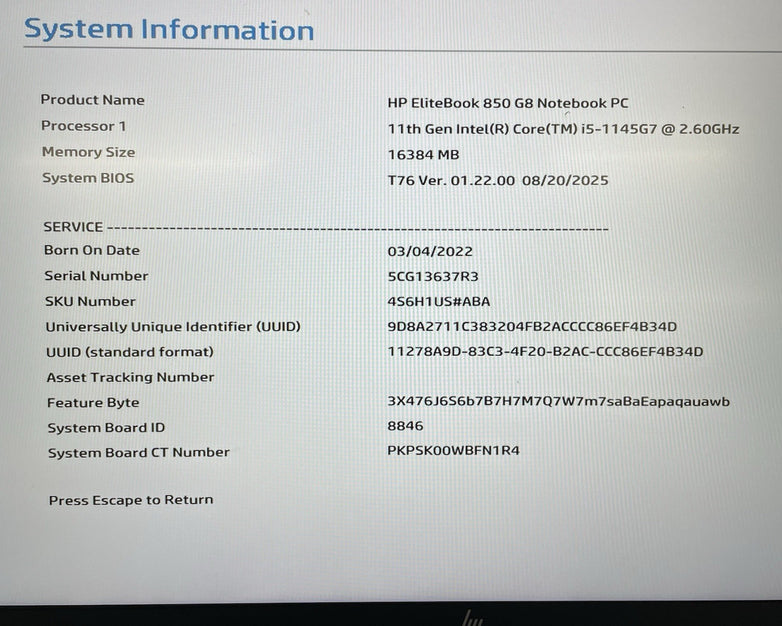 HP EliteBook 850 G8 15.6" i5-1145G7 2.60 GHz 16 GB RAM No SSD/OS/AC