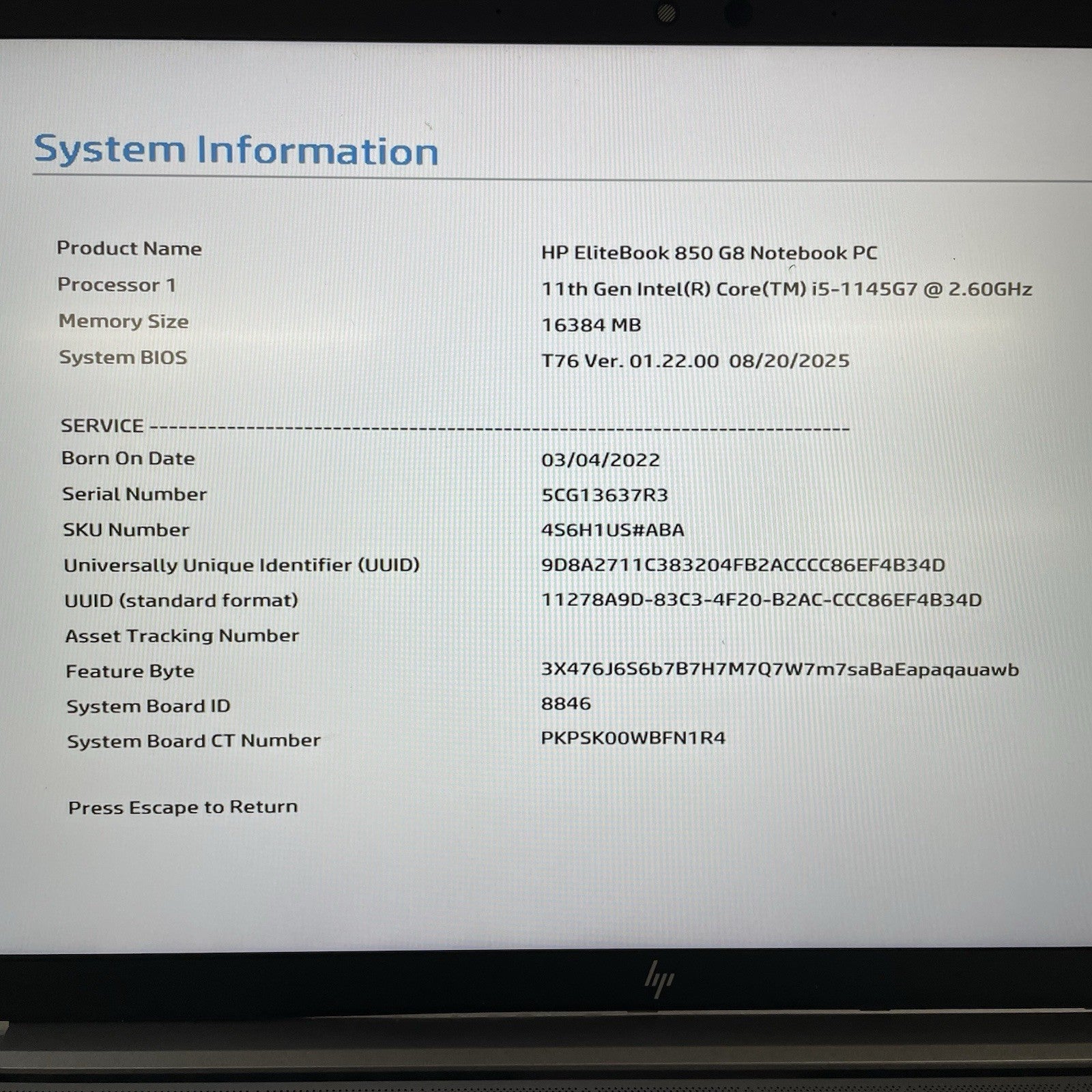 HP EliteBook 850 G8 15.6" i5-1145G7 2.60 GHz 16 GB RAM No SSD/OS/AC2