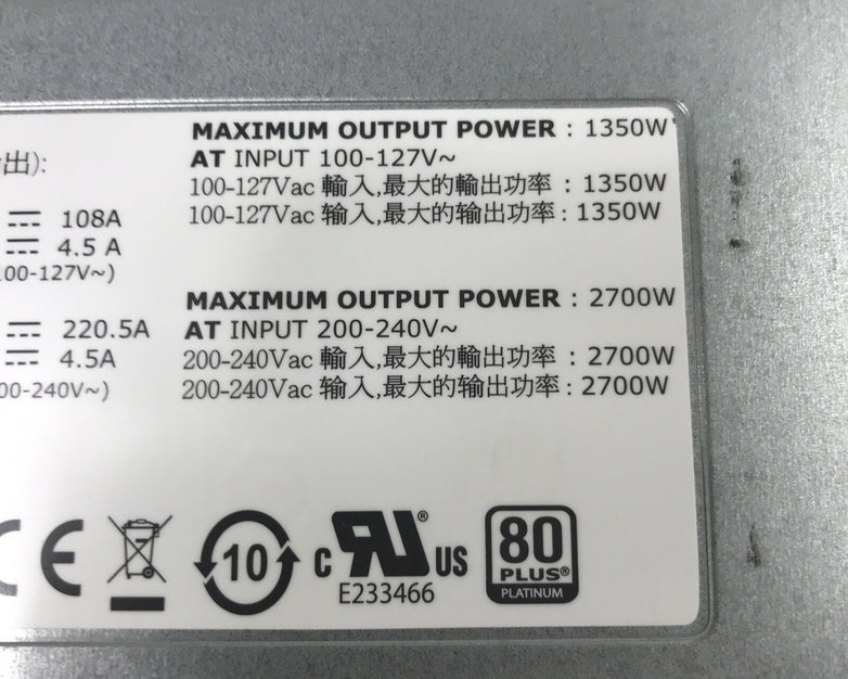 Dell CF4W2 C2700A-50 240V 16A 2700W Switching Power Supply 80+ Platinum MW3H3
