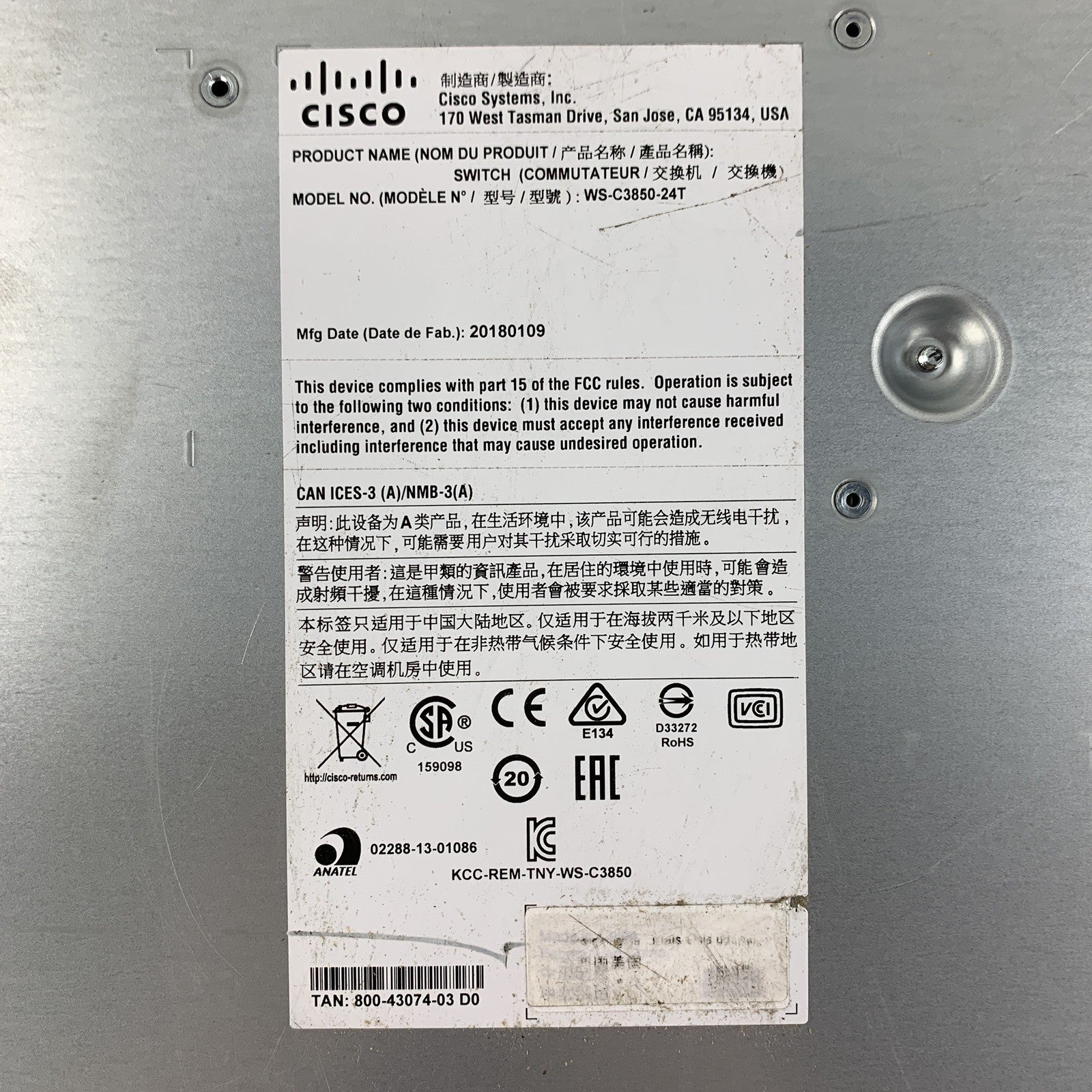 Cisco Catalyst 3850 WS-C3850-24T-E V07 24 Port Gigabit Switch Tested  1G Module