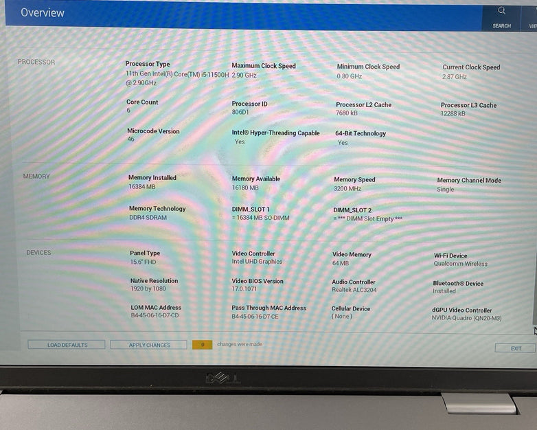 Dell Precision 3561 15.6" i5-11500H 2.90GHz 16GB RAM Quadro QN10-M3 No SSD/OS/AC