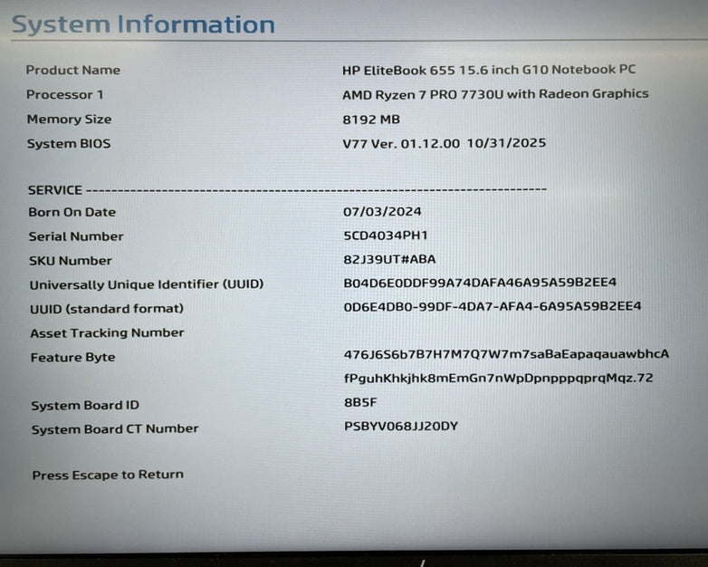HP EliteBook 655 G10 15.6" AMD Ryzen 7 Pro 7730U 2GHz 8GB RAM No SSD/OS/AC- READ
