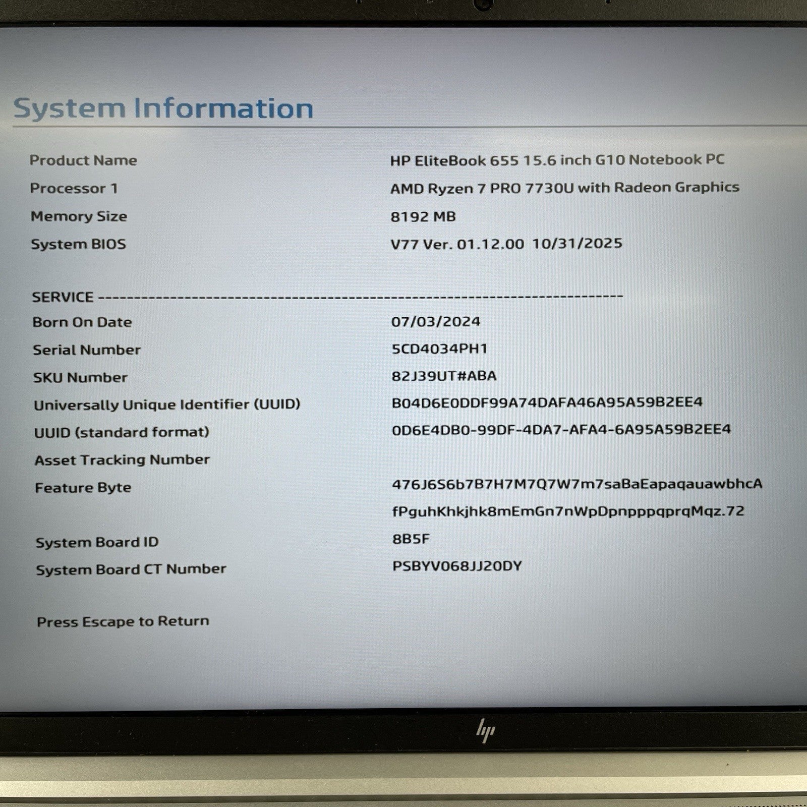 HP EliteBook 655 G10 15.6" AMD Ryzen 7 Pro 7730U 2GHz 8GB RAM No SSD/OS/AC- READ2