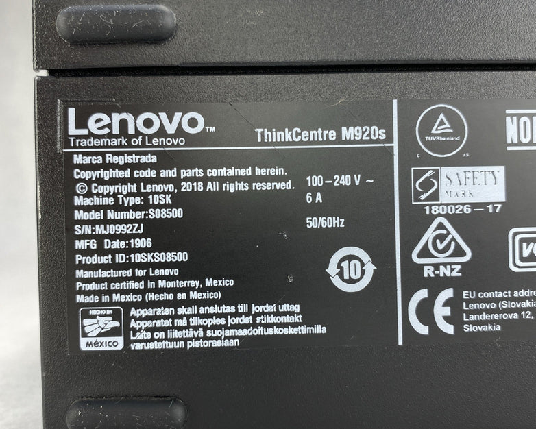 Lenovo ThinkCentre M920s SFF Intel Core i7-8700 3.20GHz 8GB RAM No HDD No OS
