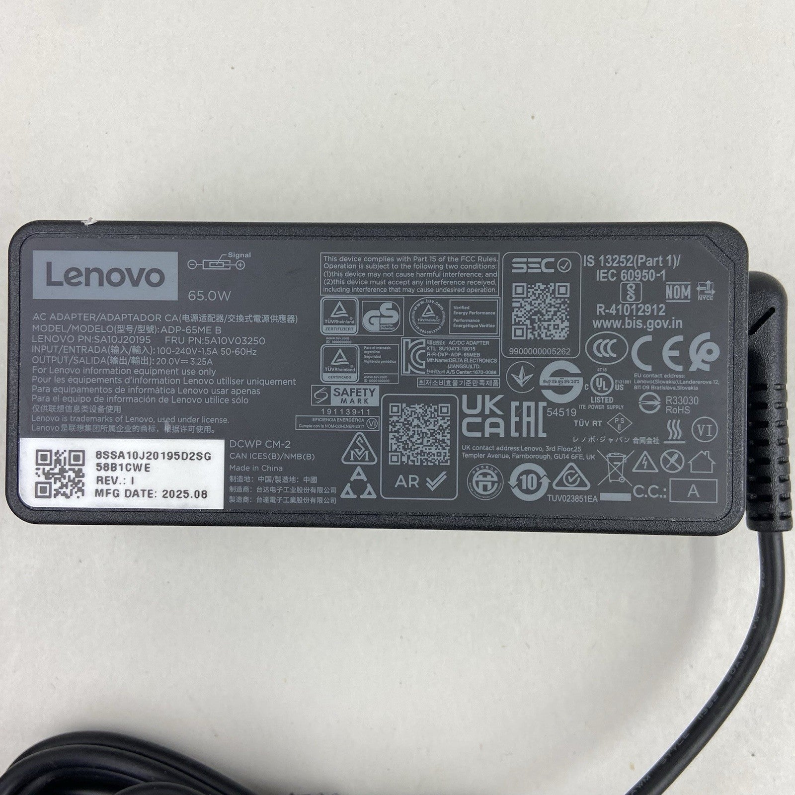 Lenovo ADP-65ME B 65W 20V 3.25  ThinkPad AC Charger Square Yellow Slim Tip3