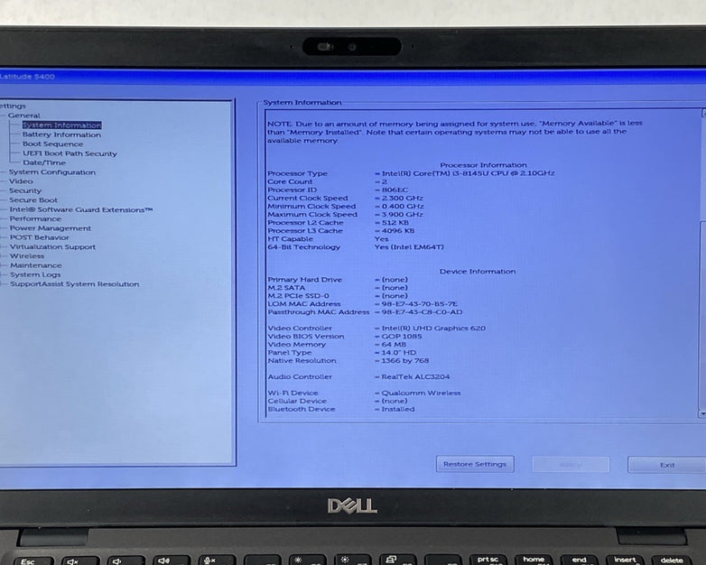 Dell Latitude 5400 Core i3-8145 2.10GHz 8 GB RAM 14" No Battery No HDD No OS