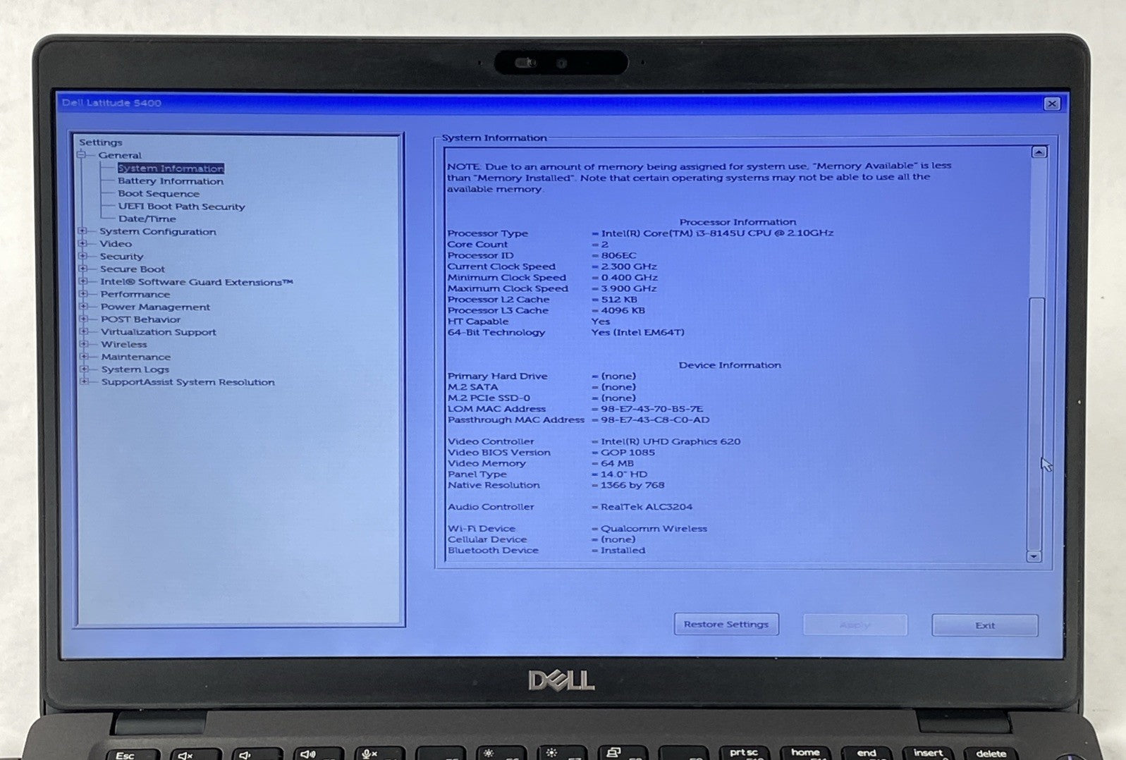 Dell Latitude 5400 Core i3-8145 2.10GHz 8 GB RAM 14" No Battery No HDD No OS