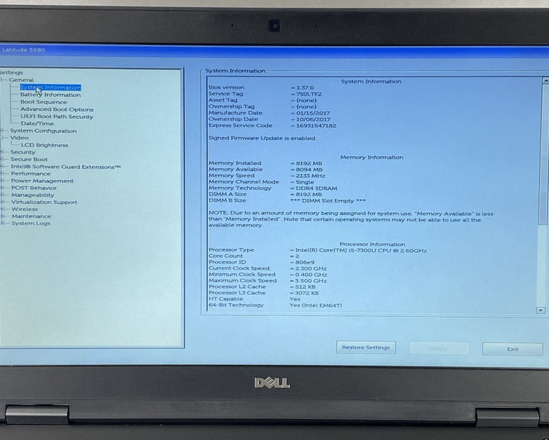 Dell Latitude 5580 Intel Core i5-7300U 2.60 GHz 8 GB RAM 15.6" No HDD No OS