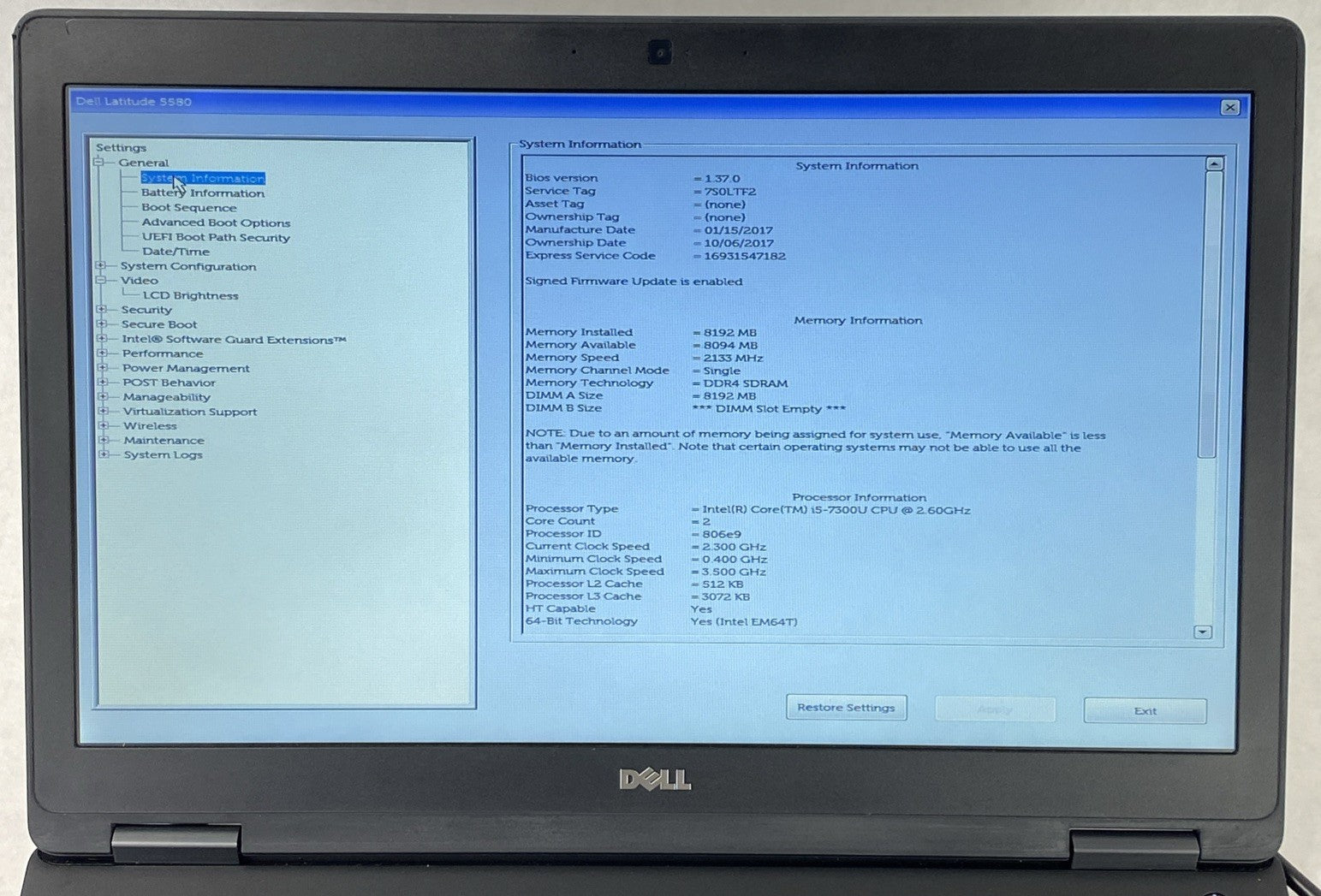 Dell Latitude 5580 Intel Core i5-7300U 2.60 GHz 8 GB RAM 15.6" No HDD No OS