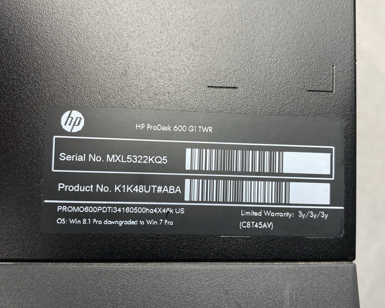 HP ProDesk 600 G1 TWR Intel Core i3-4160 3.60GHz 8GB RAM DVDRW No HDD OS