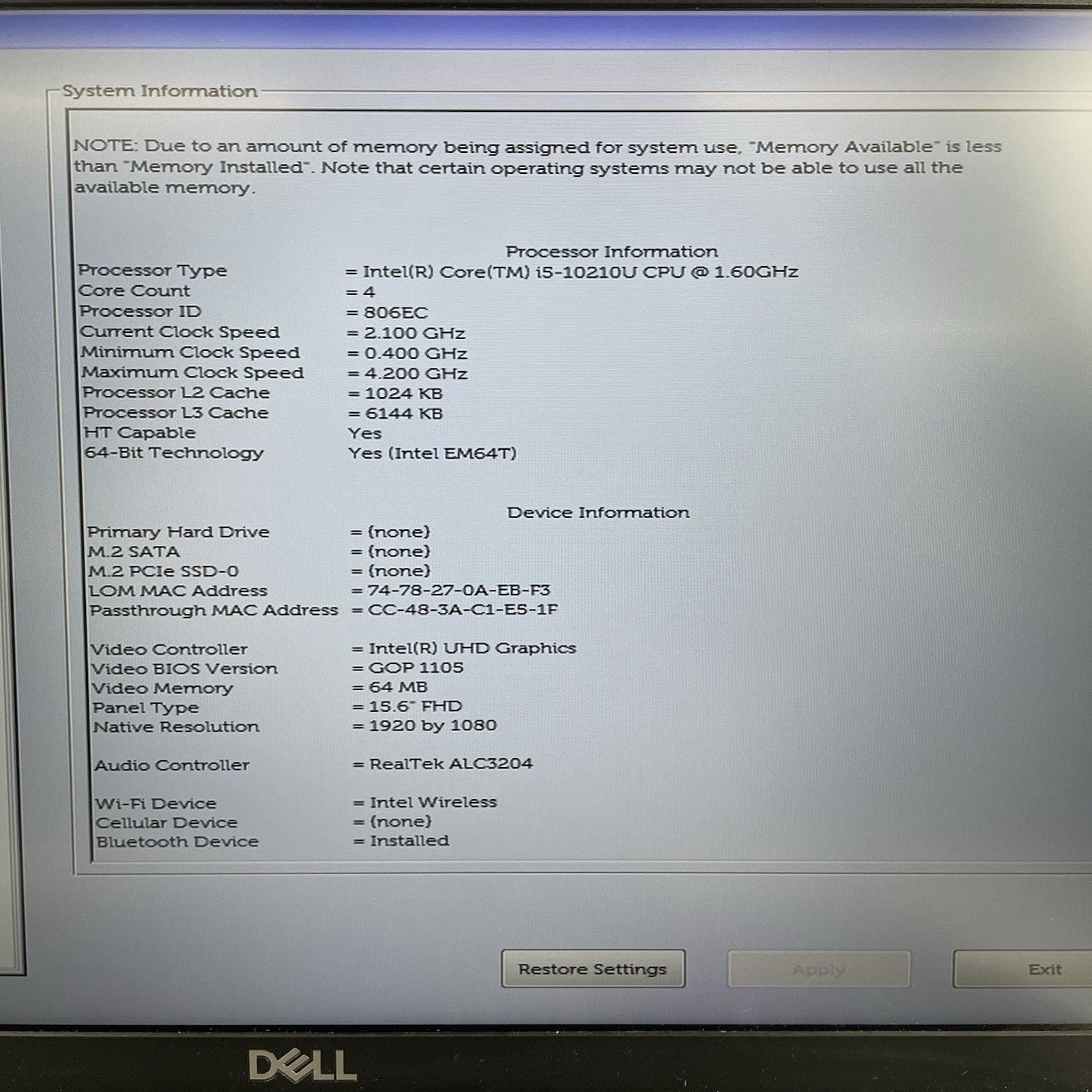 Dell Latitude 5510 15.6" i5-10210U 1.60 GHz 8 GB RAM No SSD/OS/AC - READ3