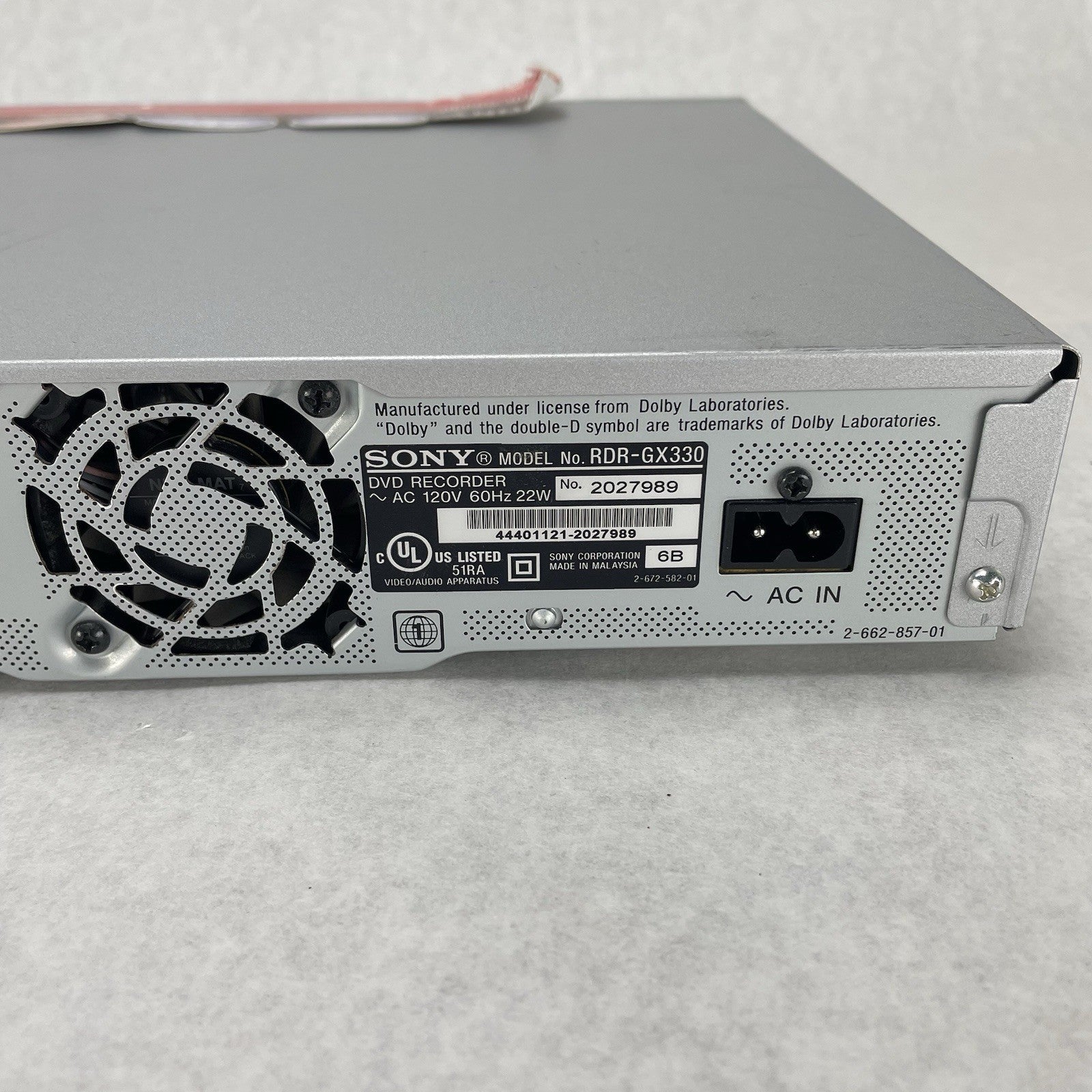 Sony RDR-GX330 DVD Recorder Player No Remote No Power Cord Tested & Working