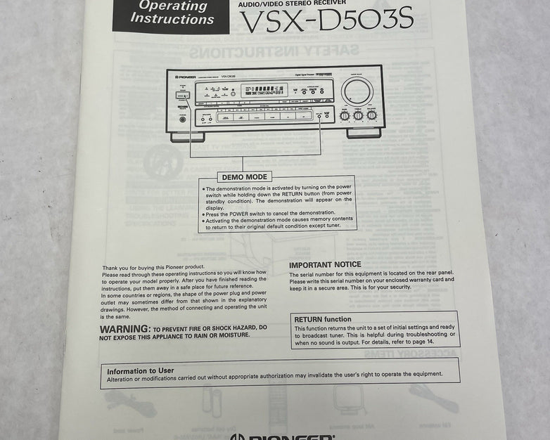 Pioneer VSX-D503S Audio/Video AV Receiver Has Issues Read Descripton