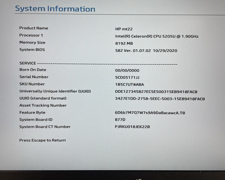 HP mt22 14" Celeron 5205U 1.90 GHz 8 GB RAM No SSD/OS/AC