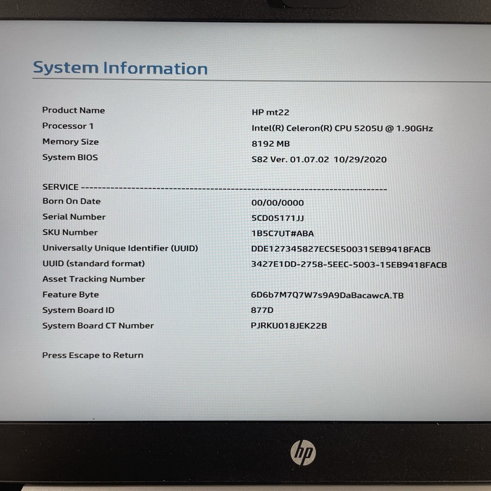 HP mt22 14" Celeron 5205U 1.90 GHz 8 GB RAM No SSD/OS/AC2