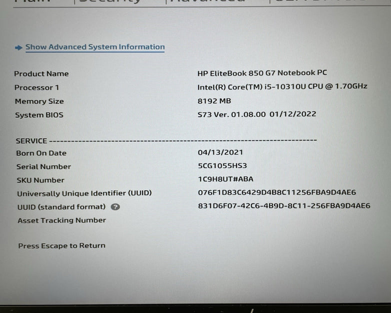 HP EliteBook 850 G7 15.6" i5-10310U 1.70 GHz 8 GB RAM No SSD/OS/AC