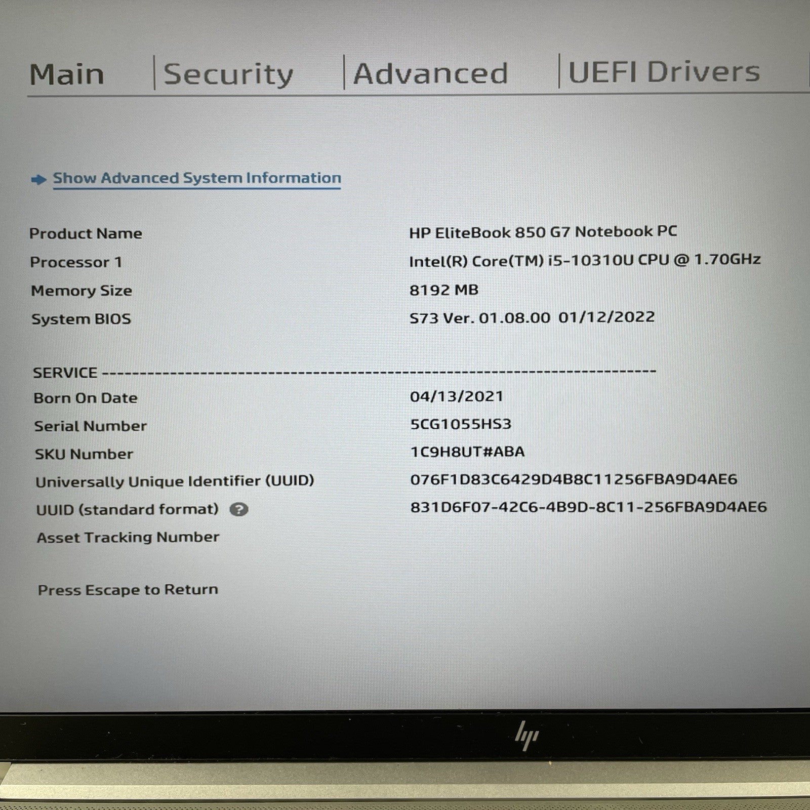 HP EliteBook 850 G7 15.6" i5-10310U 1.70 GHz 8 GB RAM No SSD/OS/AC2