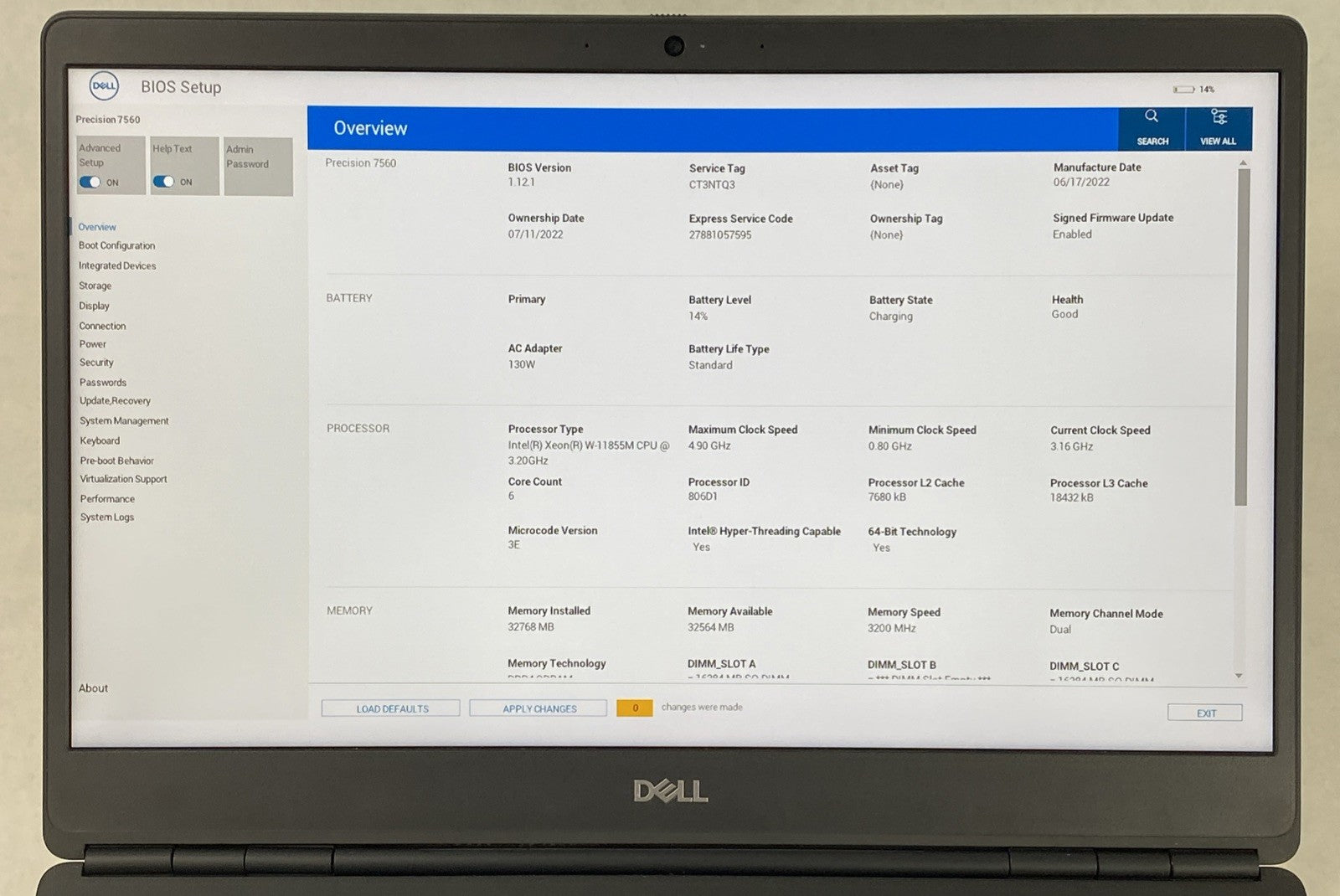 Dell Precision 7560 Intel Xeon W-11855M 3.16GHz 32GB RAM 15.6" No HDD No OS