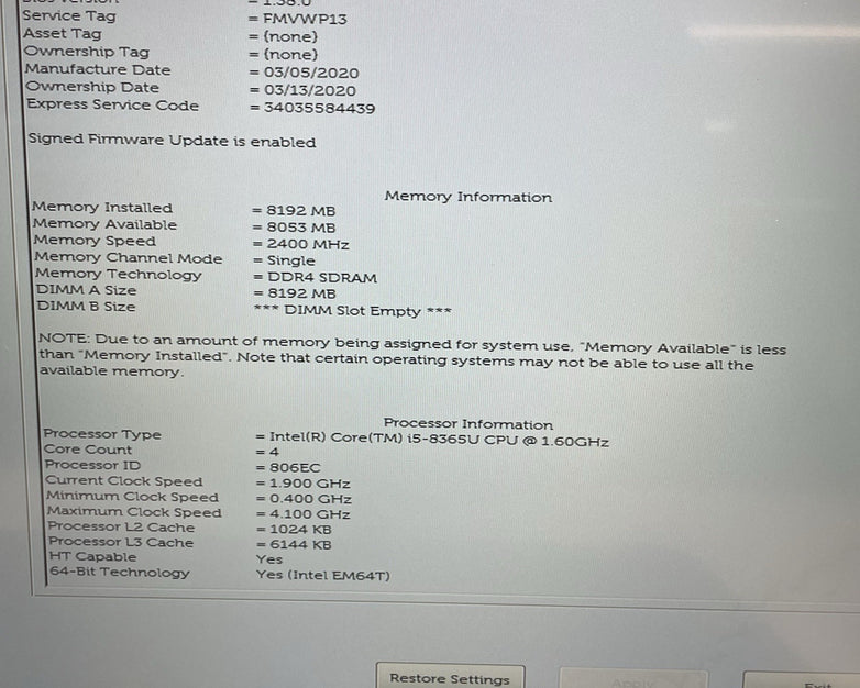 Dell Latitude 5400 14" i5-8365U 1.60 GHz 8 GB RAM No SSD/OS/AC/Batt - READ