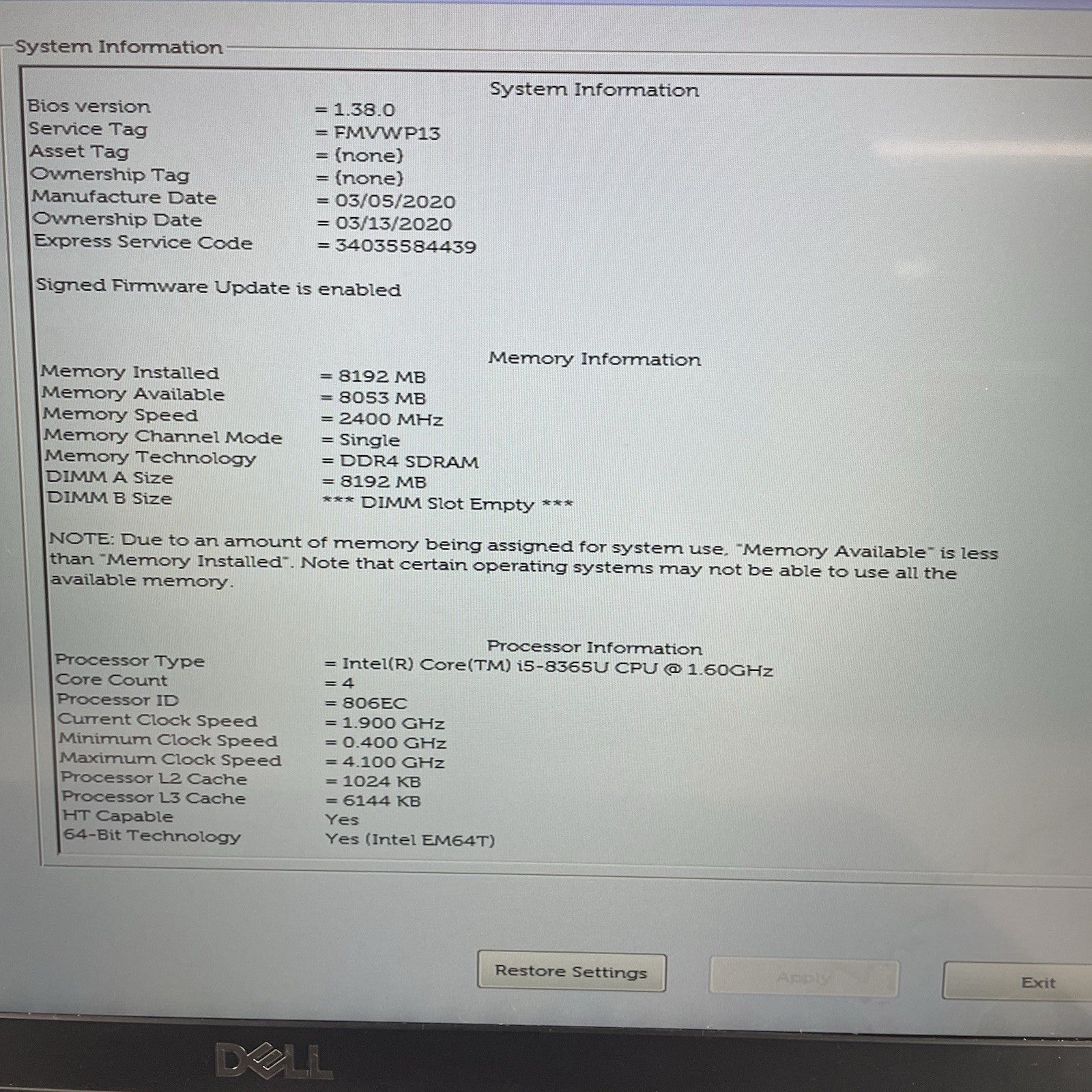 Dell Latitude 5400 14" i5-8365U 1.60 GHz 8 GB RAM No SSD/OS/AC/Batt - READ3