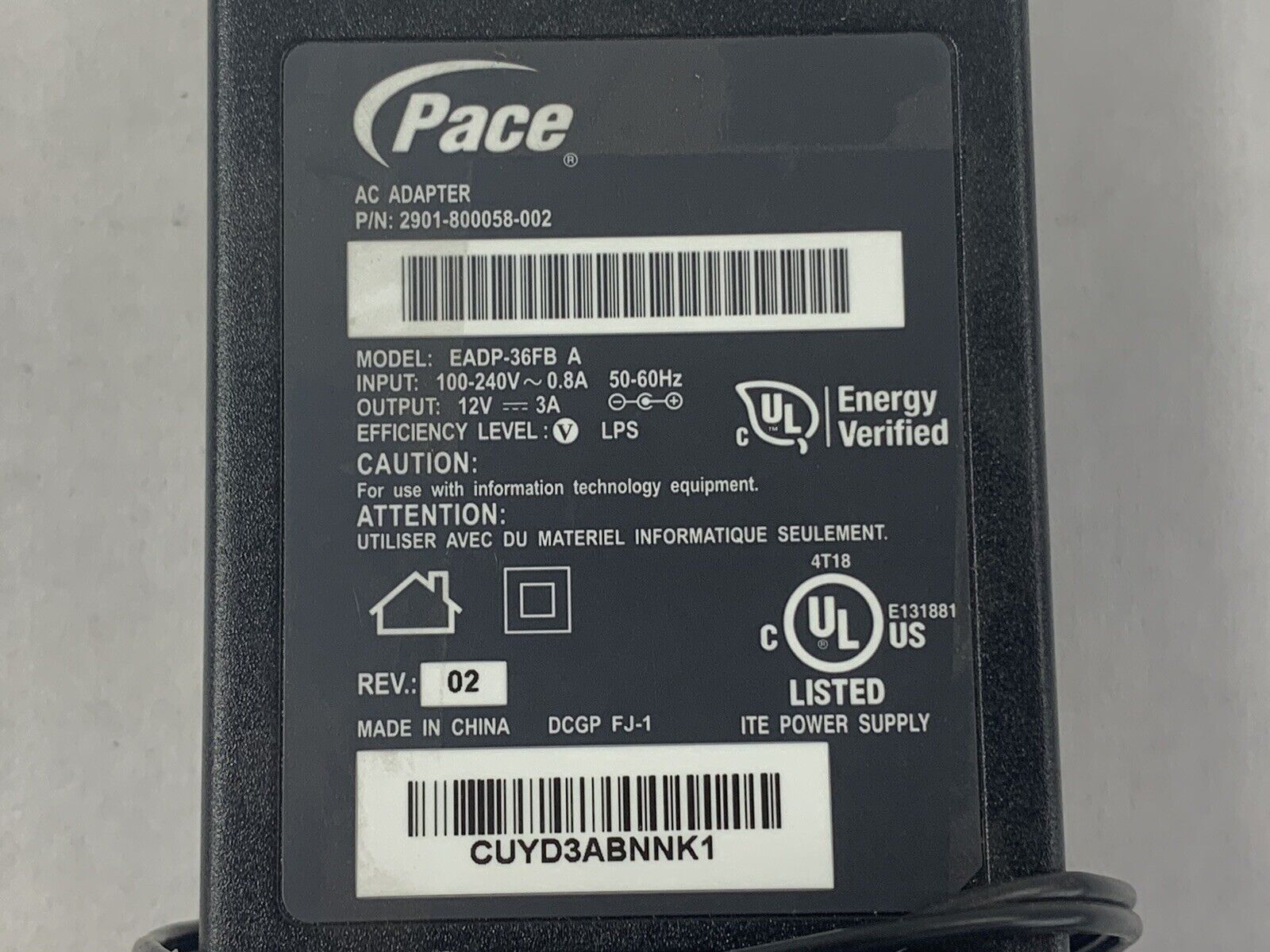 Pace EADP-36FB OEM AC/DC Adapter Power Supply Cord TZ400 TZ300 TZ210 TZ205 TZ105