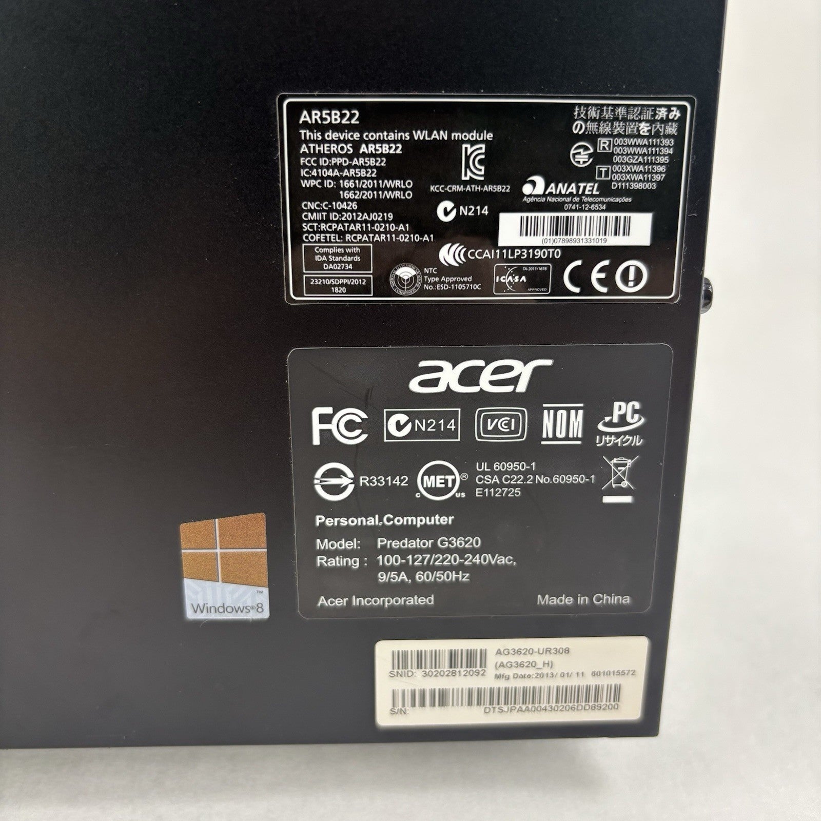Acer Predator G3620 Desktop i7-3770 3.4 GHz 12 GB Ram No OS No HDD No TPM