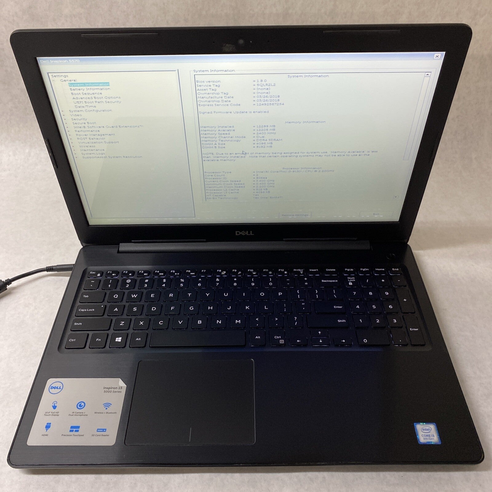Dell Inspiron 5570 15.6" Intel Core i3-8130U 2.20GHz 12GB RAM No AC No HDD No OS
