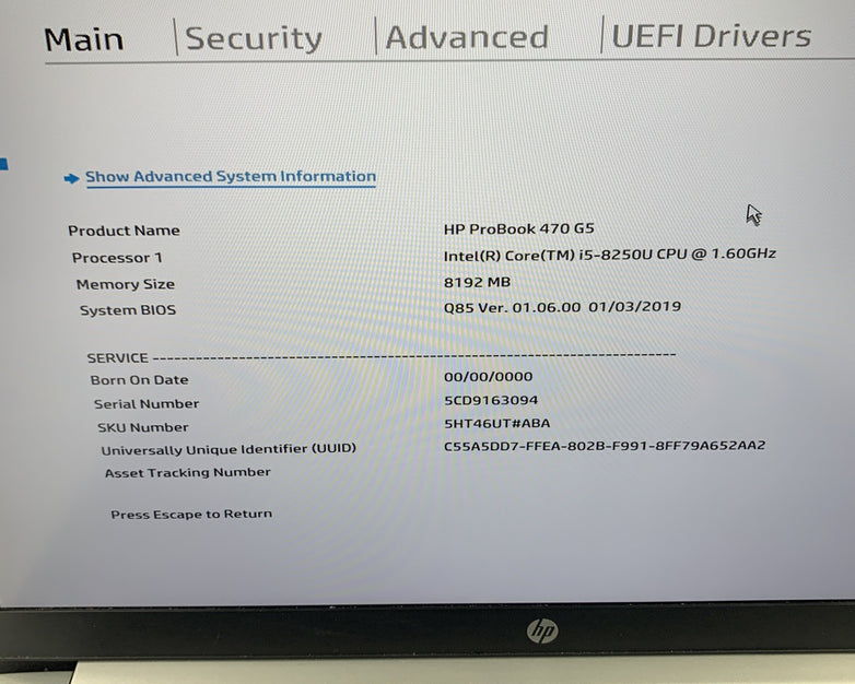 HP ProBook 470 G5 17.3" Intel i5-8250U 1.6 GHz 8 GB Ram No OS No HDD NO AC