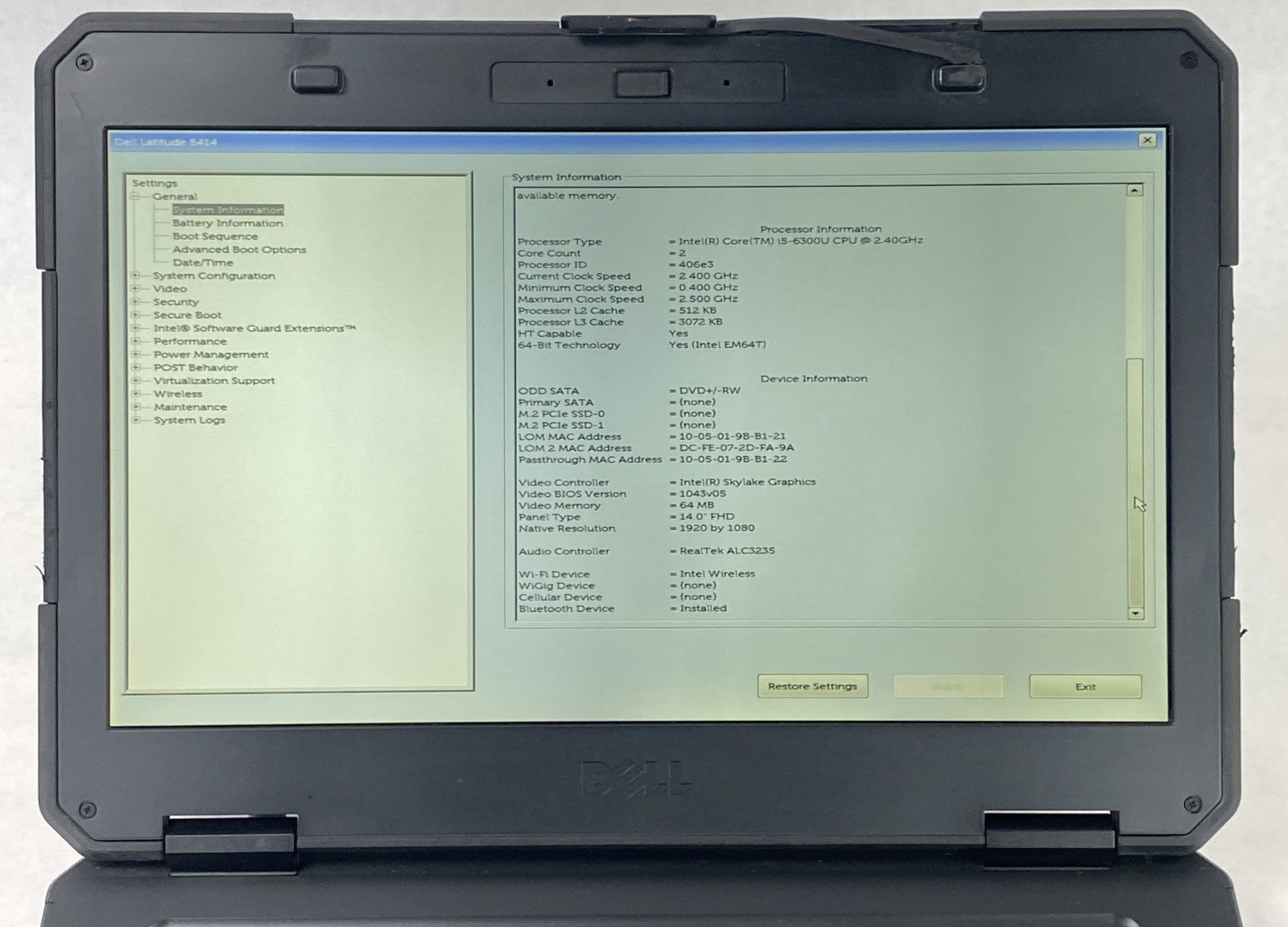 Dell Latitude 14 Rugged 5414 14" Core i5-6300U 2.40 GHz 8GB RAM No HDD No OS