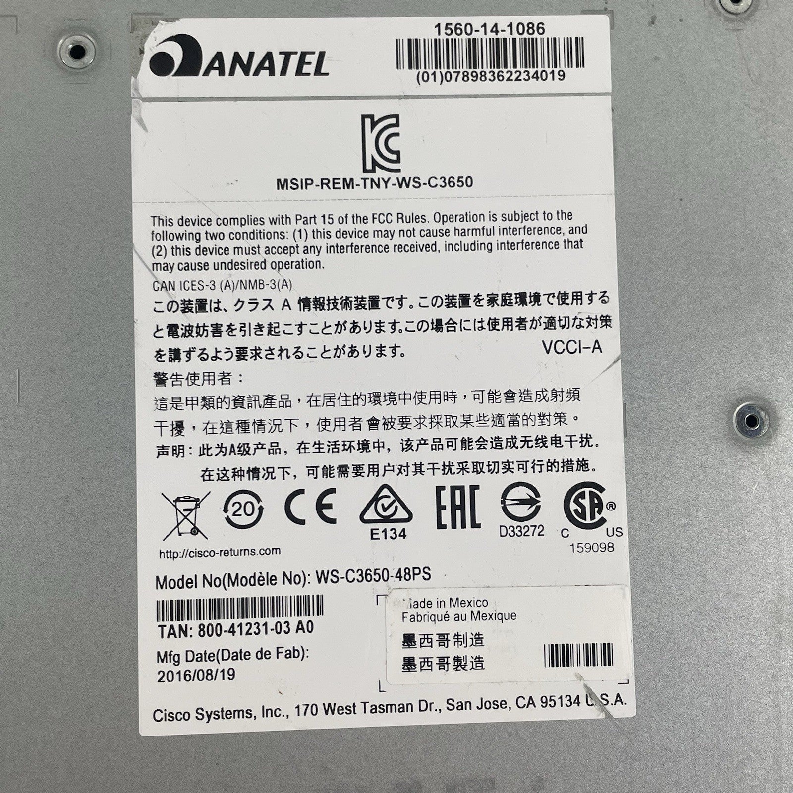Cisco WS-C3650-48PS-S V04 Tested & Reset 1X PSU13