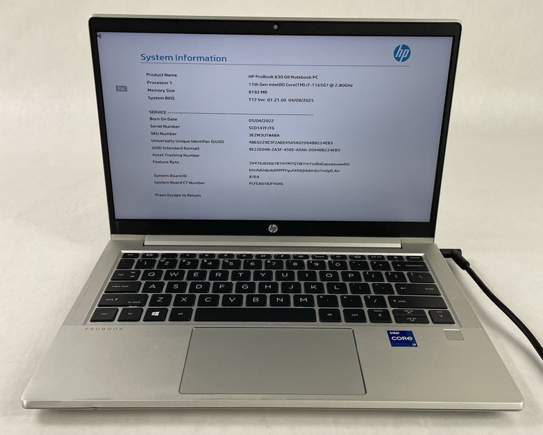 HP ProBook 630 G8 13.3" i7-1165G7 2.80 GHz 8 GB RAM No SSD No OS - Dinged Corner
