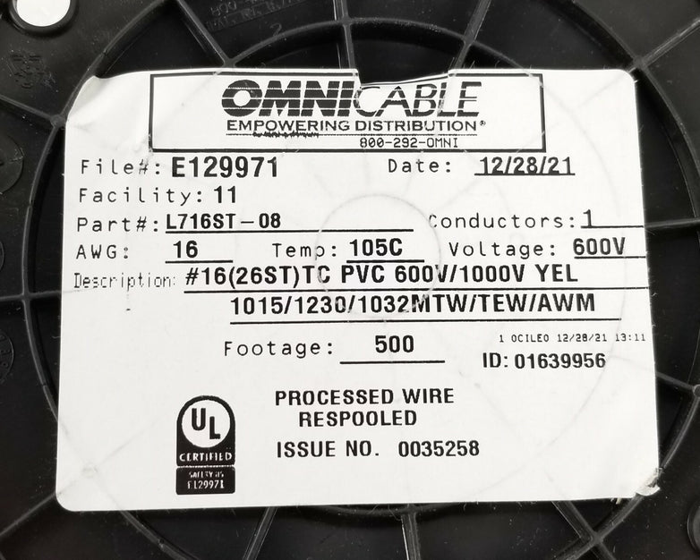 Omni Cable L716ST-08  16(26ST)TC PVC 600V/1000V Yellow 1015 / 1230 / 1032  500FT