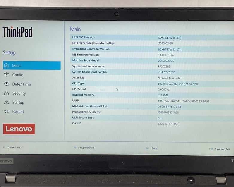 Lenovo ThinkPad T14 Gen 1 Core i5-10210U 1.60 GHz 8 GB RAM 14.0" No SSD No OS