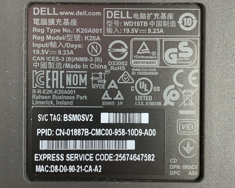 Dell WD19TB Thunderbolt USB-C Docking Station - No AC Adapter