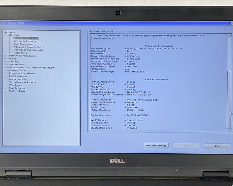 Dell Latitude 5580 Intel Core i5-6300U 2.40 GHz 8 GB RAM 15.6" No HDD No OS