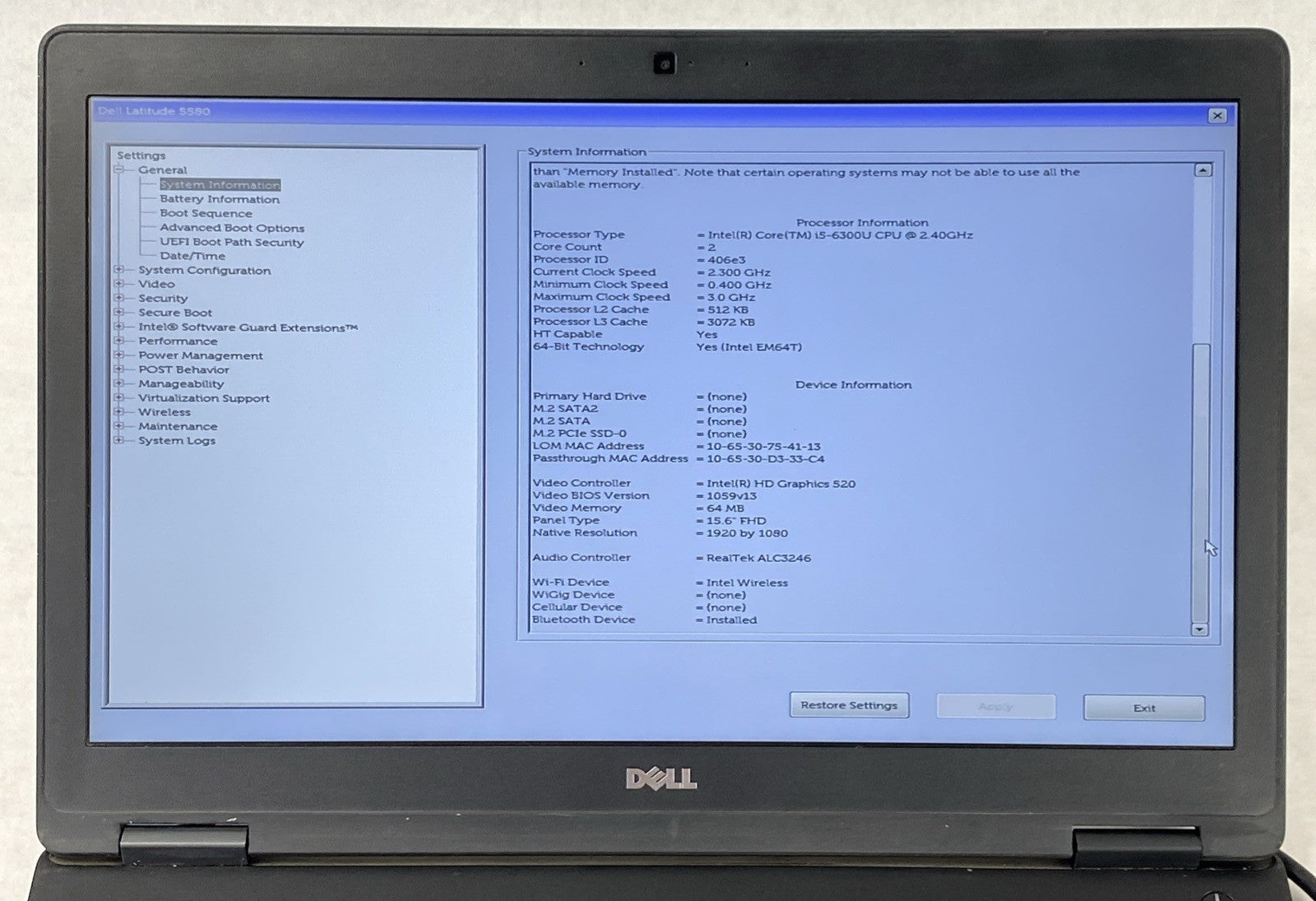 Dell Latitude 5580 Intel Core i5-6300U 2.40 GHz 8 GB RAM 15.6" No HDD No OS