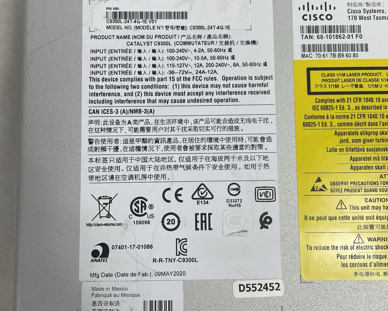 Cisco Catalyst C9300L-24T-4G-E V01  24-Port 9300 Tested & Reset 2x PSU